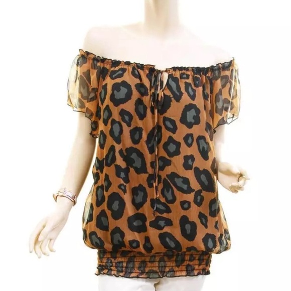 Women’s Plus Size Faux Silk Chiffon Off-Shoulder Lined Animal Peasant Blouse- 3X - Picture 1 of 3
